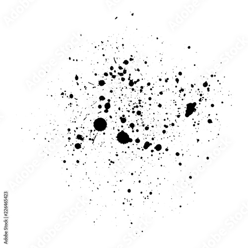Paint splash background. Black watercolor spray. Abstract grunge ink texture isolated on white. Vector illustration