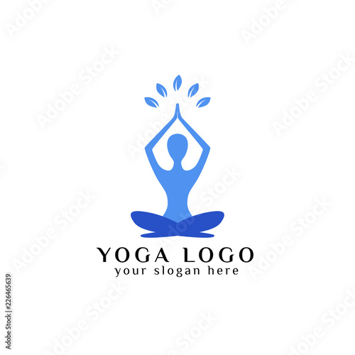 yoga logo design stock. human meditation with leaves in above vector illustration in blue color