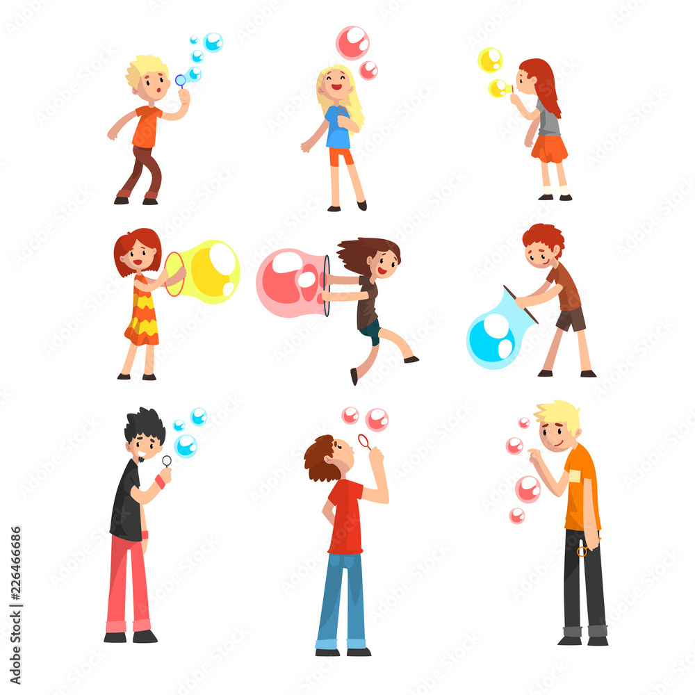 Adults and children blowing soap bubbles set cartoon vector Illustration on a white background Adults and children blowing soap bubbles set cartoon vector Illustration on a white background