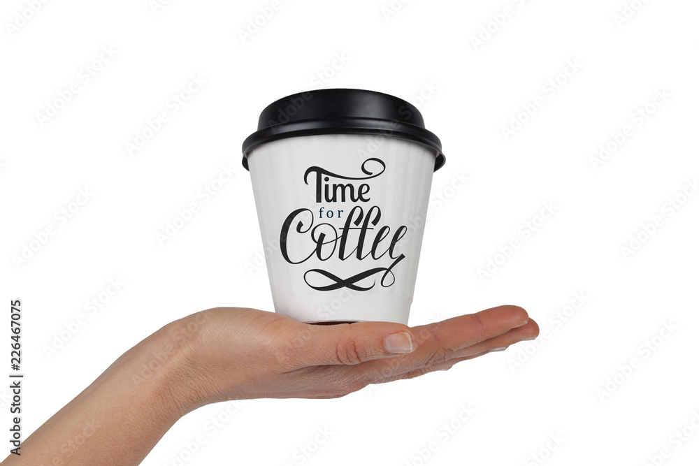 Female hand with white disposable coffee cup in the palm isolated on white with Time For Coffee hand lettering Female hand with white disposable coffee cup in the palm isolated on white with Time For Coffee hand lettering