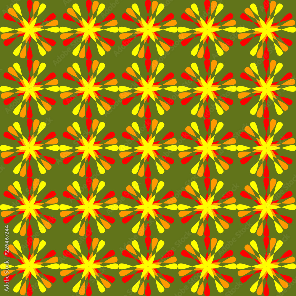 Summer floral patterns, cheerful floral ornament in red and orange on live green background. Seamless background in vivid colors. Vector illustration Summer floral patterns, cheerful floral ornament in red and orange on live green background. Seamless background in vivid colors. Vector illustration