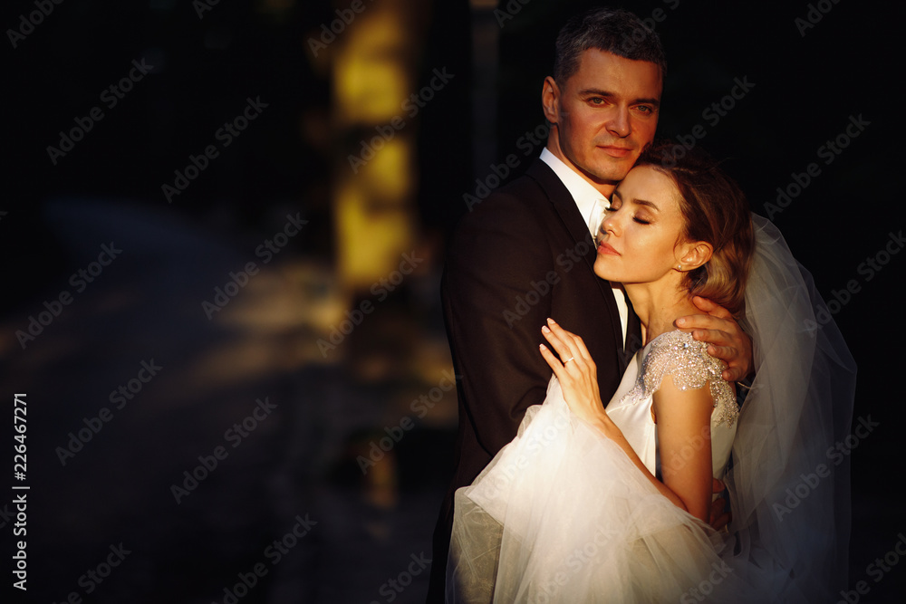 Evening summer sun makes a halo around beautiful wedding couple hugging in the park Evening summer sun makes a halo around beautiful wedding couple hugging in the park