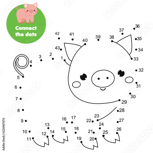 Connect the dots by numbers. Educational game for children and kids. Animals theme, cartoon pig