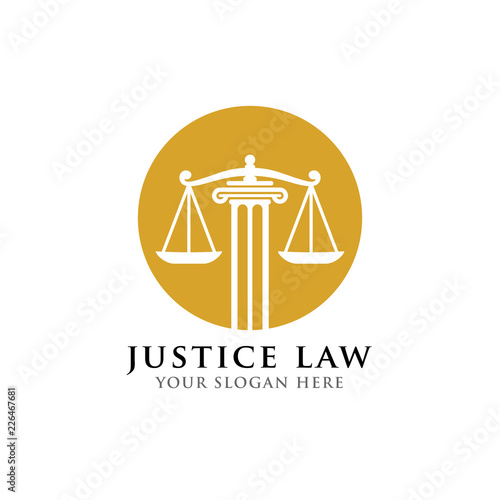 justice law logo design template. attorney logo vector design. scales and pillar vector illustration logo in the circle