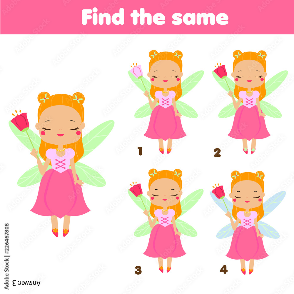 Find the same pictures children educational game. Find two identical princess fairy Find the same pictures children educational game. Find two identical princess fairy