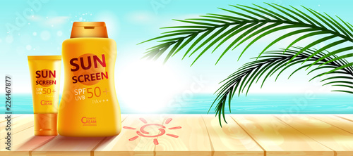 Luxury cosmetic Bottle package skin care cream, Beauty cosmetic product poster, sunblock with beach background