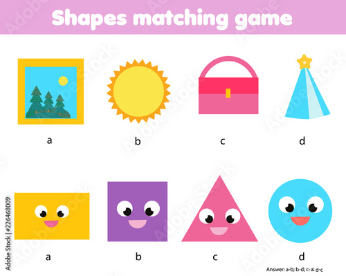 Educational children game. Matching game worksheet for kids. Match by shape