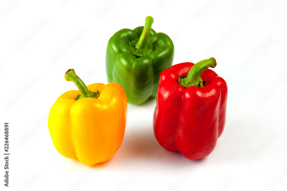 capsicum peppers over white background, Green, yellow and red Fresh bell pepper capsicum peppers over white background, Green, yellow and red Fresh bell pepper