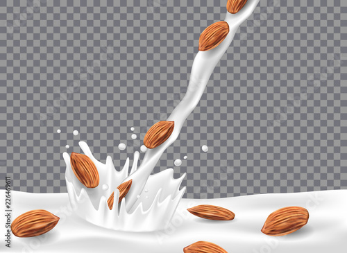 Almond milk or yogurt pouring down with splash and seeds. Realistic milk drop isolated on transparent background. vector illustration