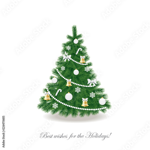 Christmas tree. Traditionally decorated with silver balls and bells. Realistic.