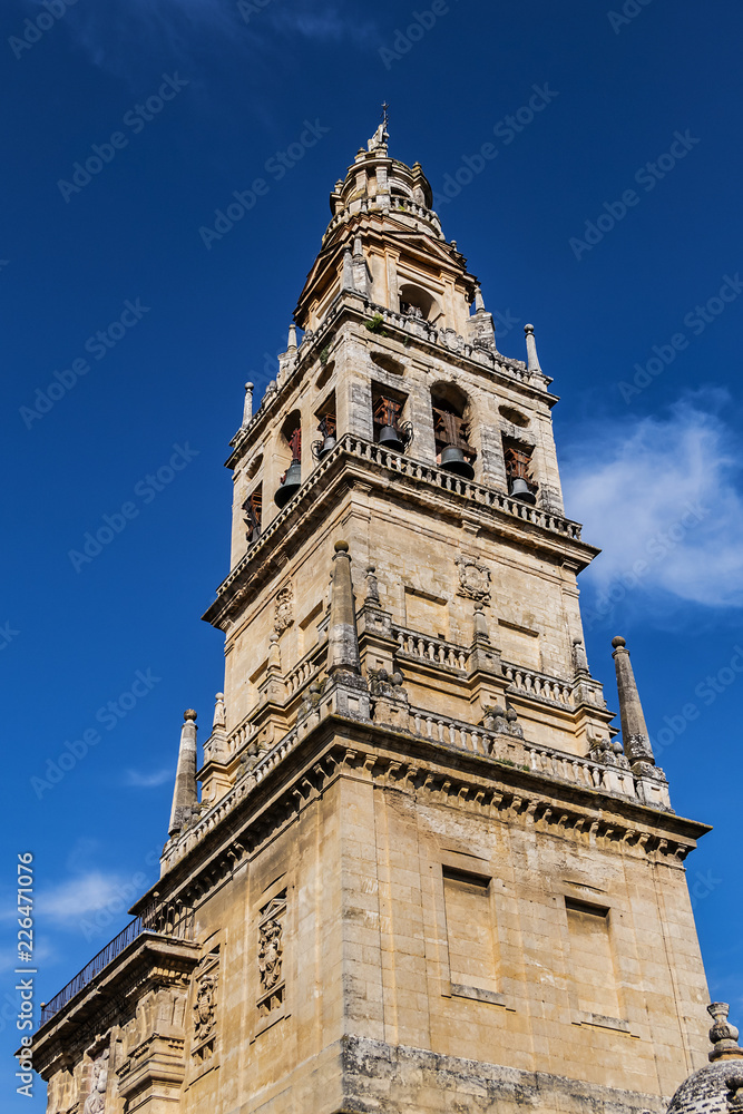 Bell tower of Mosque-Cathedral of Cordoba (Mezquita-Catedral de Cordoba), also known as Great Mosque (from 785) of Cordoba or Mezquita, monuments of Moorish architecture. Andalusia, Cordoba, Spain.