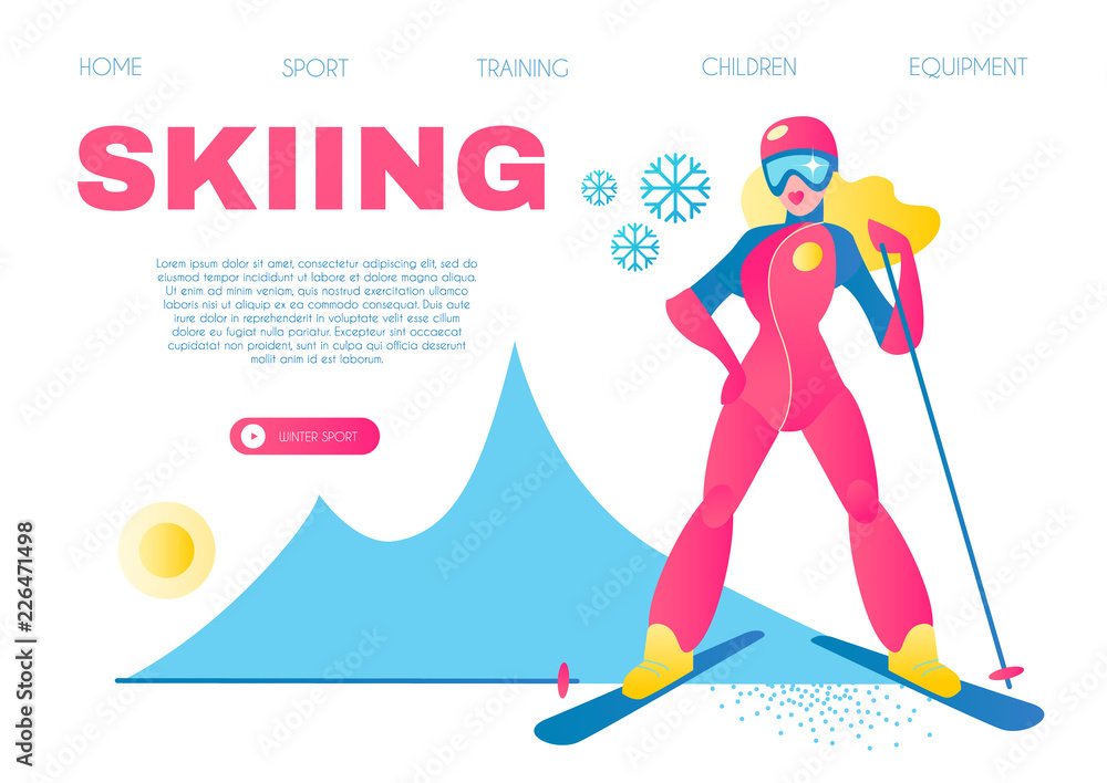 Girl Skiing. Alpine Sport Design Template with Mountain and Snow. Vector illustration