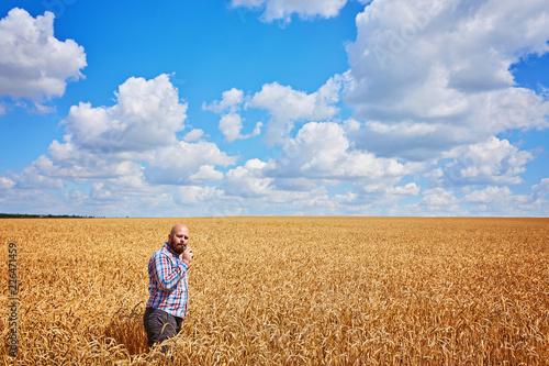 farmer smokes electronic cigarette and call in a ripe field of wheat with blue sky © Ryzhkov Oleksandr