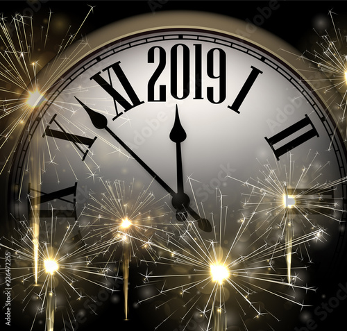 New Year 2019 background with clock and golden sparkle firework.