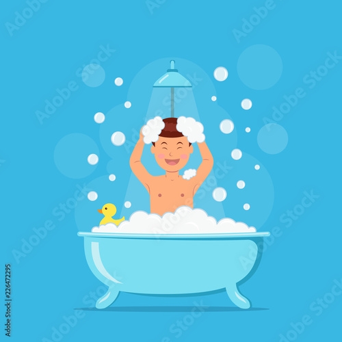 Happy boy taking shower. Child in bath with soap bubbles and duck on blue background. Vector illustration in flat style