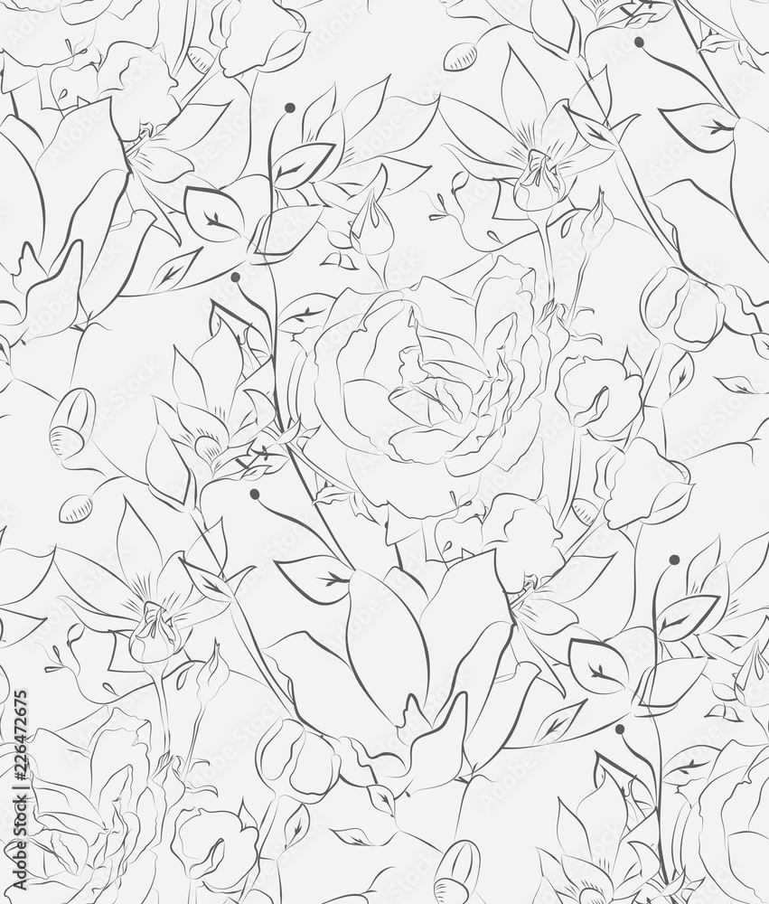 Vector Seamless Pattern with Drawn Flowers, Florals Vector Seamless Pattern with Drawn Flowers, Florals