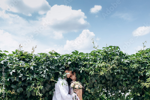 Charming young wedding couple stands hugging among green bushes under bue sky