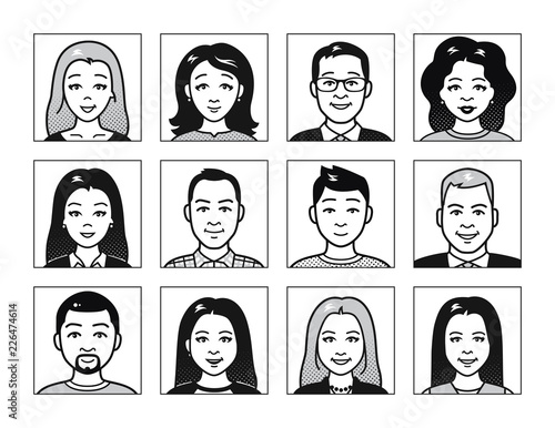 vector cartoon comic halftone style avatar multinational icon image set