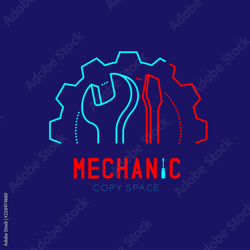 Mechanic logo icon, wrench and screwdriver in gear frame outline stroke set dash line design illustration isolated on dark blue background with Mechanic text and copy space, vector eps 10