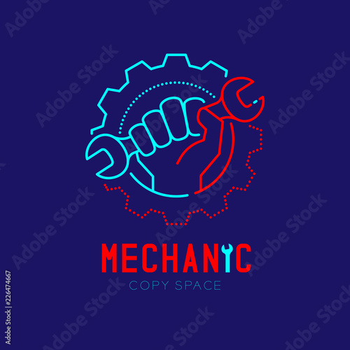 Mechanic logo icon, hand hold wrench in gear frame outline stroke set dash line design illustration isolated on dark blue background with Mechanic text and copy space, vector eps 10