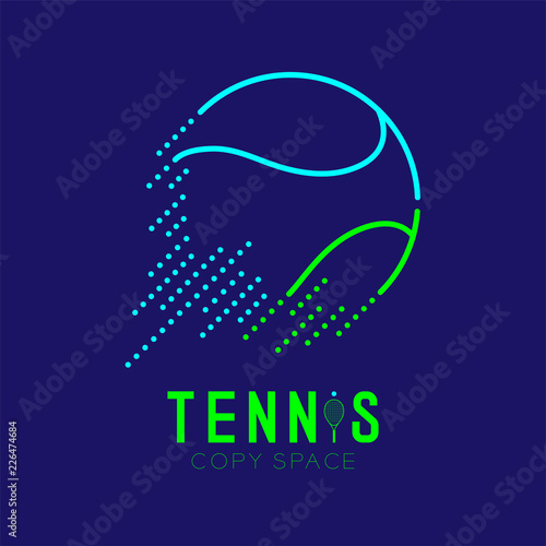 Tennis ball rushing logo icon outline stroke set dash line design illustration isolated on dark blue background with Tennis text and copy space, vector eps 10