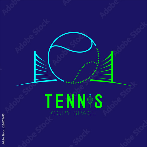 Tennis ball with net logo icon outline stroke set dash line design illustration isolated on dark blue background with Tennis text and copy space, vector eps 10