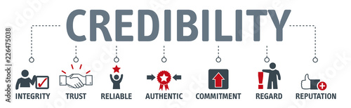 credibility building concept. Banner with keywords and vector illustration icons photo