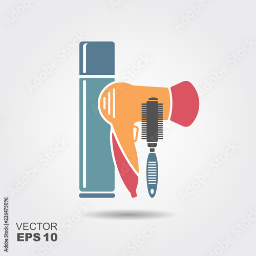 Hair styling tools. Hairbrush, hairspray, hairdryer. Flat icon