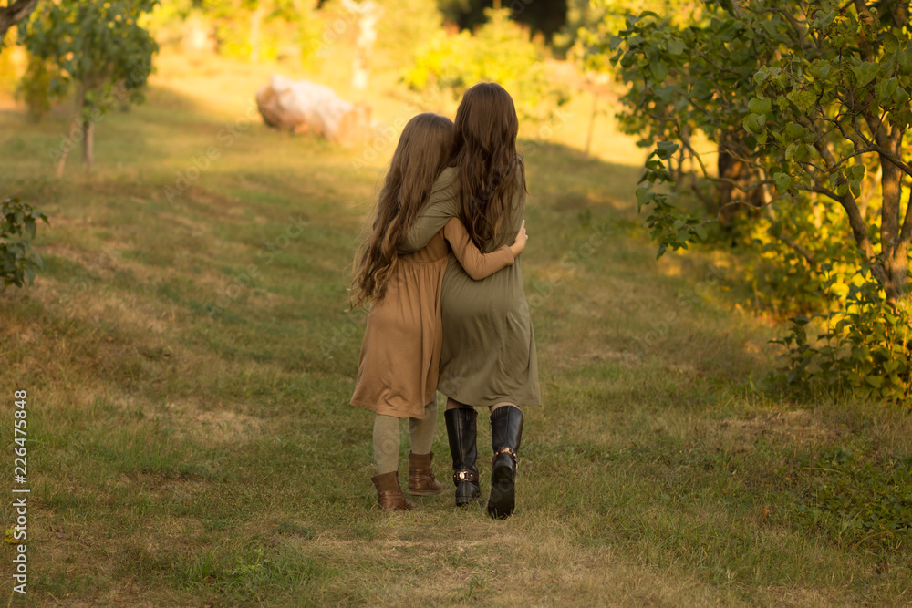 Fototapeta premium two girls, teenagers, go on the green grass, embracing. back view.