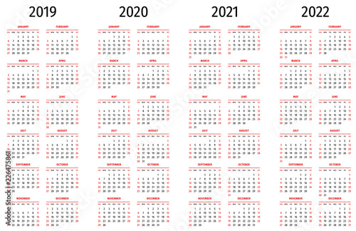 Simple calendar 2019, 2020, 2021, 2022. Simple editable vector calendar 2019, 2020, 2021, 2022 sunday first. Week starts on sunday.