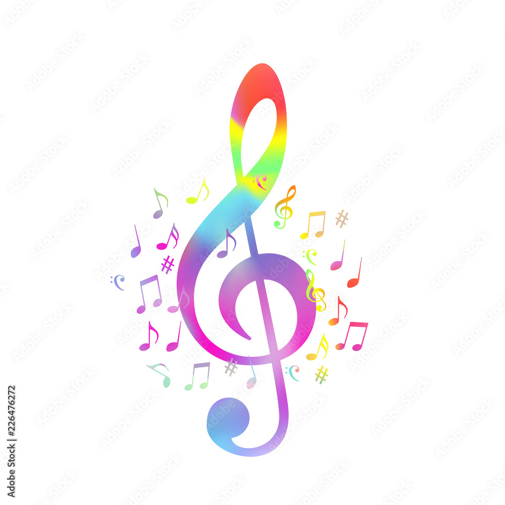 Naklejka premium Colorful G-clef with music notes vector illustration design. Abstract musical background, artistic poster with g-clef