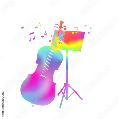 Colorful music stand with violoncello and music notes vector illustration. Abstract music background, artistic poster design