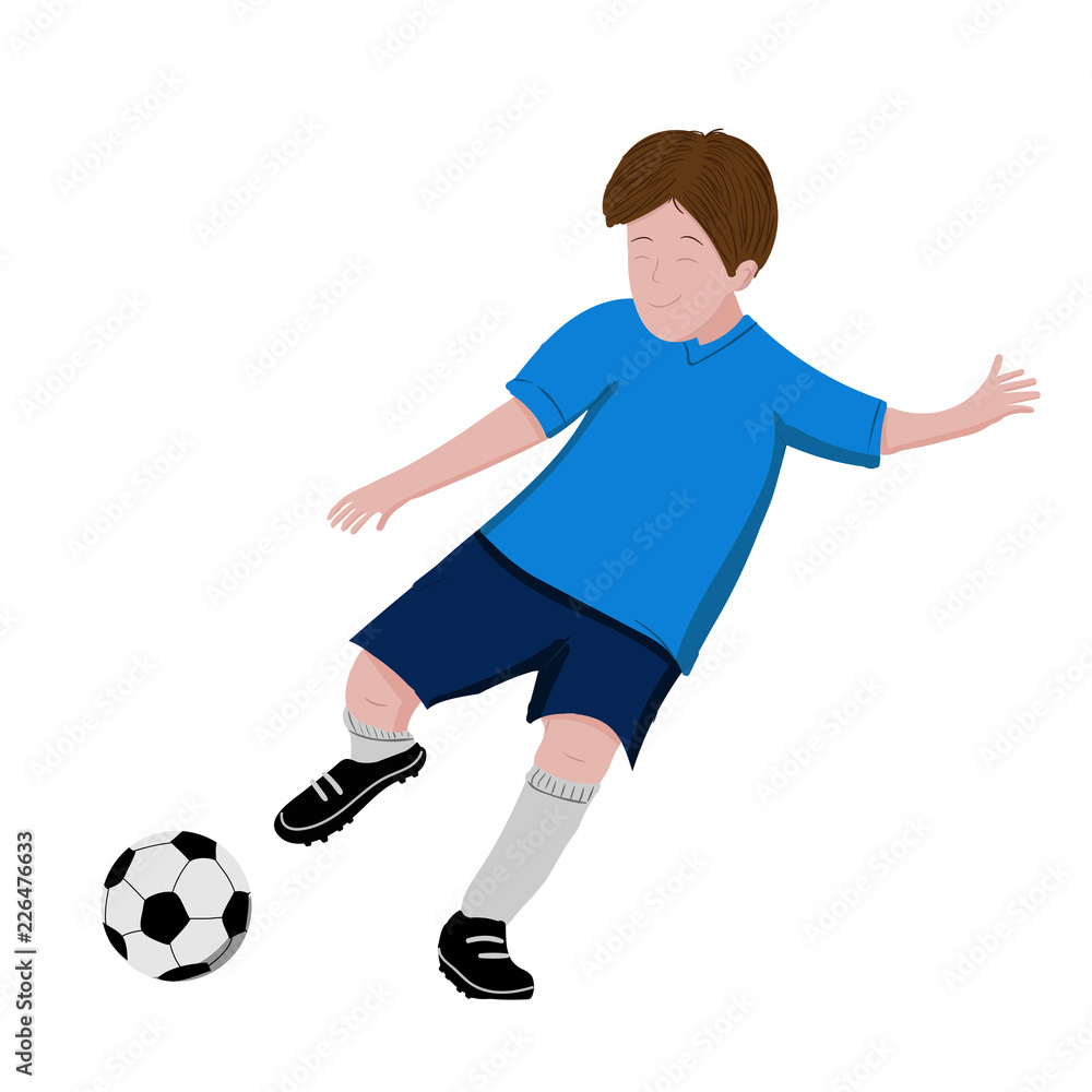 Boy playing soccer and kicking a ball - vector illustration isolated on white background