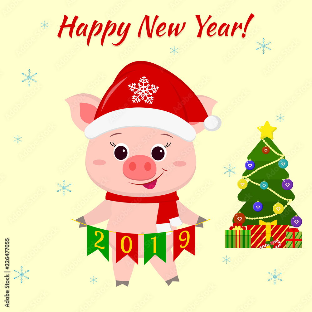 Happy New Year and Christmas. A pig in Santa Claus hat and scarf, keeps the decoration from 2019. A Christmas tree and boxes of gifts. The symbol of the new year in the Chinese calendar. Vector Happy New Year and Christmas. A pig in Santa Claus hat and scarf, keeps the decoration from 2019. A Christmas tree and boxes of gifts. The symbol of the new year in the Chinese calendar. Vector