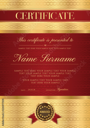 Certificate vector vertical luxury template. Secured lux gold border Guilloche pattern for Diploma, deed,certificate of appreciation, achievement, completion premium design. Red ribbon, award emblem