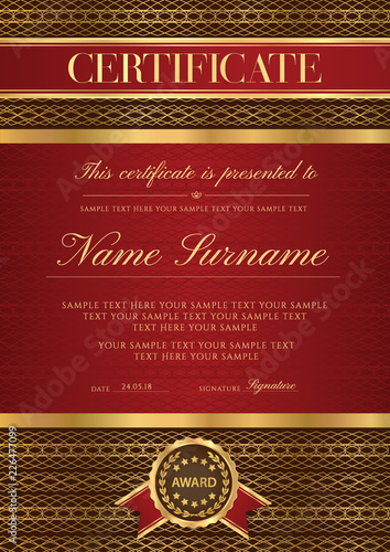 Certificate vector vertical luxury template. Secured lux gold border Guilloche pattern for Diploma, deed,certificate of appreciation, achievement, completion premium design. Red ribbon, award emblem
