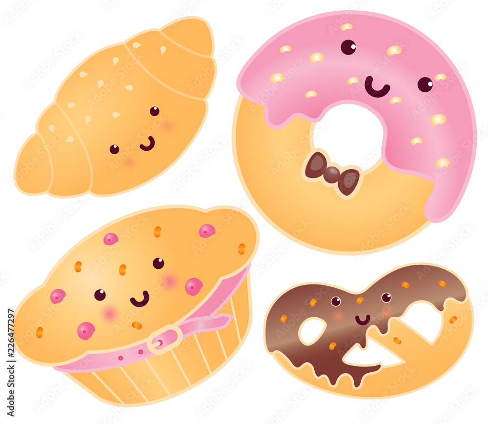 Set Of Cute Sweets. Croissant, Donut, Pretzel, Cupcake. Set Of Cute Sweets. Croissant, Donut, Pretzel, Cupcake.