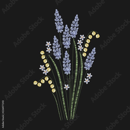 Beautiful lavender embroidered with purple and green stitches on black background. Gorgeous floral embroidery design with flowering herbaceous plant. Needlework or handicraft. Vector illustration.