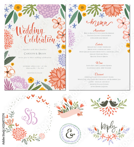 Wedding invitation and menu design template with floral wreath. Vector illustration.
