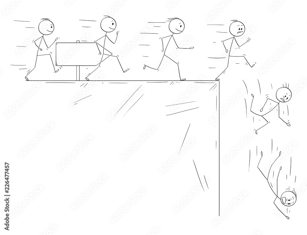 Cartoon stick drawing conceptual illustration of people following they dreams and disillusion when they finally meet the reality. Metaphorical illustration of line of enthusiastic men running and Cartoon stick drawing conceptual illustration of people following they dreams and disillusion when they finally meet the reality. Metaphorical illustration of line of enthusiastic men running and