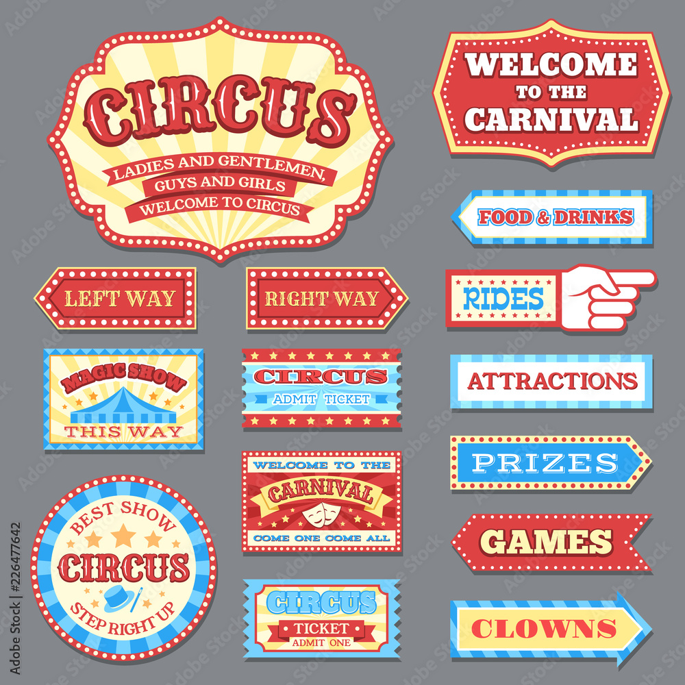 Vintage circus labels and carnival signboards vector collection. Illustration of circus label, show banner entertainment
