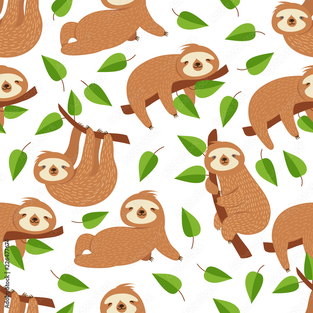 Fototapeta premium Cute baby sloth bear. Tropical bedroom vector seamless pattern. Illustration of sloth lazy endless background
