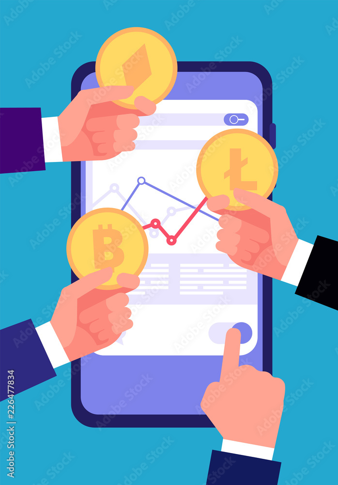 Bitcoin, ico and blockchain concept. Cryptocurrency trading and investing. Valid internet altcoin transaction vector background. Illustration of bitcoin smartphone currency, exchange money blockchain Bitcoin, ico and blockchain concept. Cryptocurrency trading and investing. Valid internet altcoin transaction vector background. Illustration of bitcoin smartphone currency, exchange money blockchain
