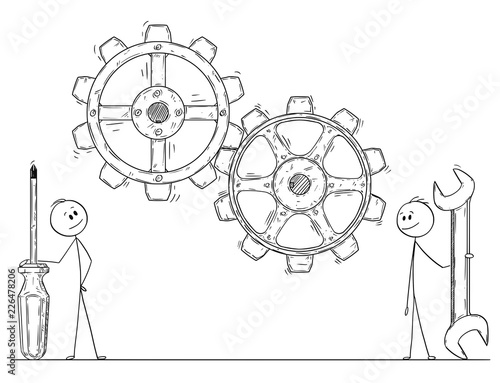 Cartoon stick drawing conceptual illustration of two men or businessmen with wrench and screwdriver watching working gears or cog wheels. Business concept of company management and leadership.