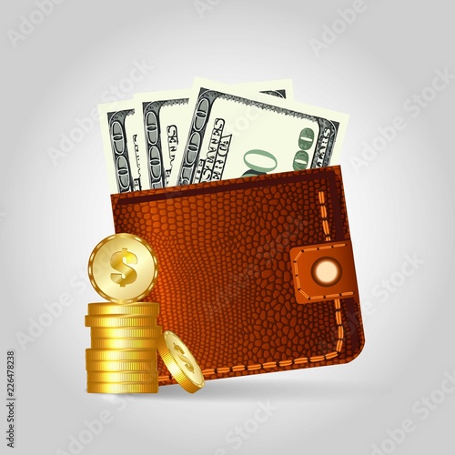 Realistic leather wallet with dollars and coins.
