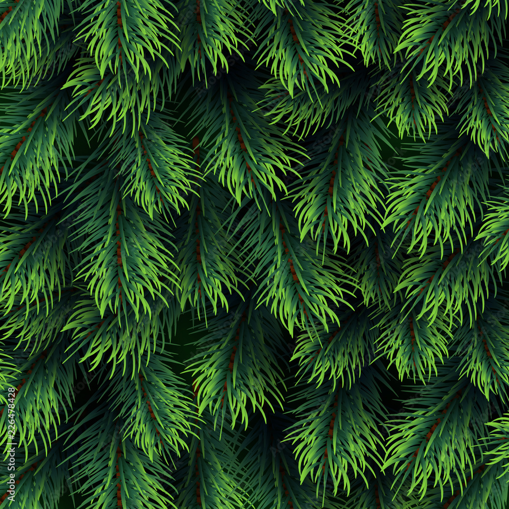 Fototapeta premium Fir tree branches pattern. Christmas background with green pine branching. Happy new year vector decor. Branch green fir background illustration