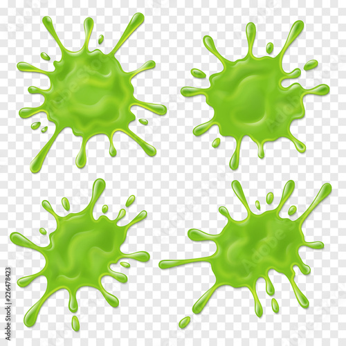 Green slime. Realistic dirt splat, goo dripping splodges of slime. Isolated vector set. Illustration of blot splash, splatter toxic slime