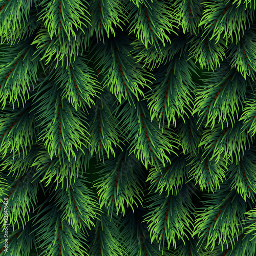 Fir tree branches pattern. Christmas background with green pine branching. Happy new year vector decor. Branch green fir background illustration