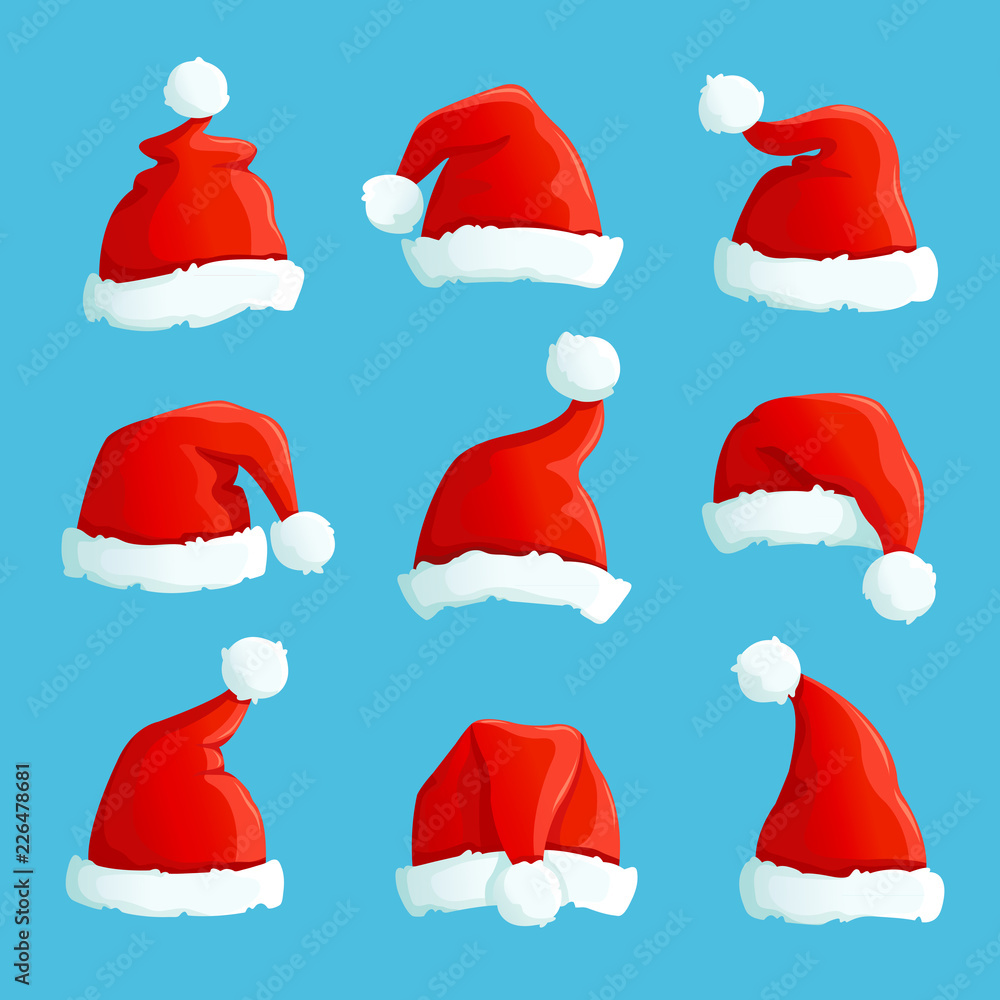 Santa hats. Cartoon christmas costume caps with fur. Santa claus hat vector set. Illustration of cap santa claus, costume holiday christmas Santa hats. Cartoon christmas costume caps with fur. Santa claus hat vector set. Illustration of cap santa claus, costume holiday christmas