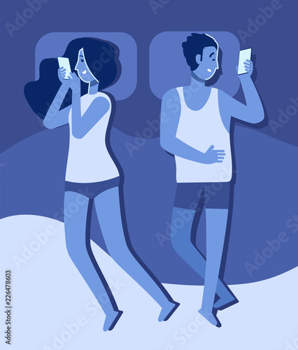 Couple in bed with smartphones. Man and woman lying with cellphones in bedroom. Sexual problem and internet addiction vector concept. Man and woman couple in bedroom illustration